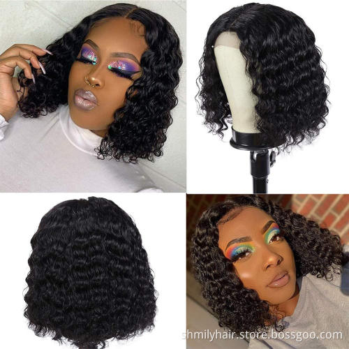 Shmily Deep Curly Wave Bob Lace Closure Wig Human Hair Indian Short Bob Cut Deep Wave Remy Lace Front Bob Wig Raw Indian Hair